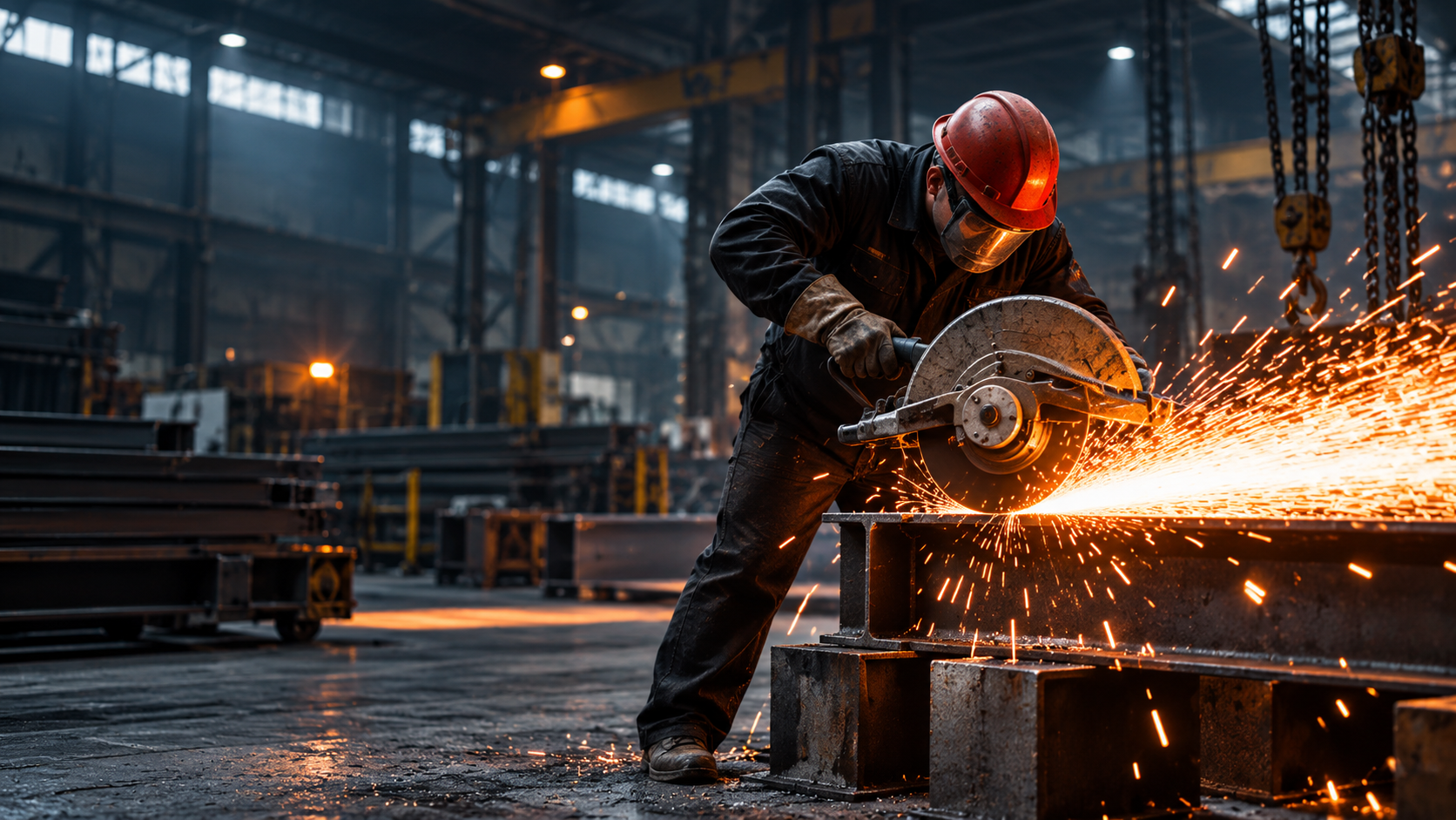 Métallier CELL METAL découpant une poutre en acier dans l’atelier